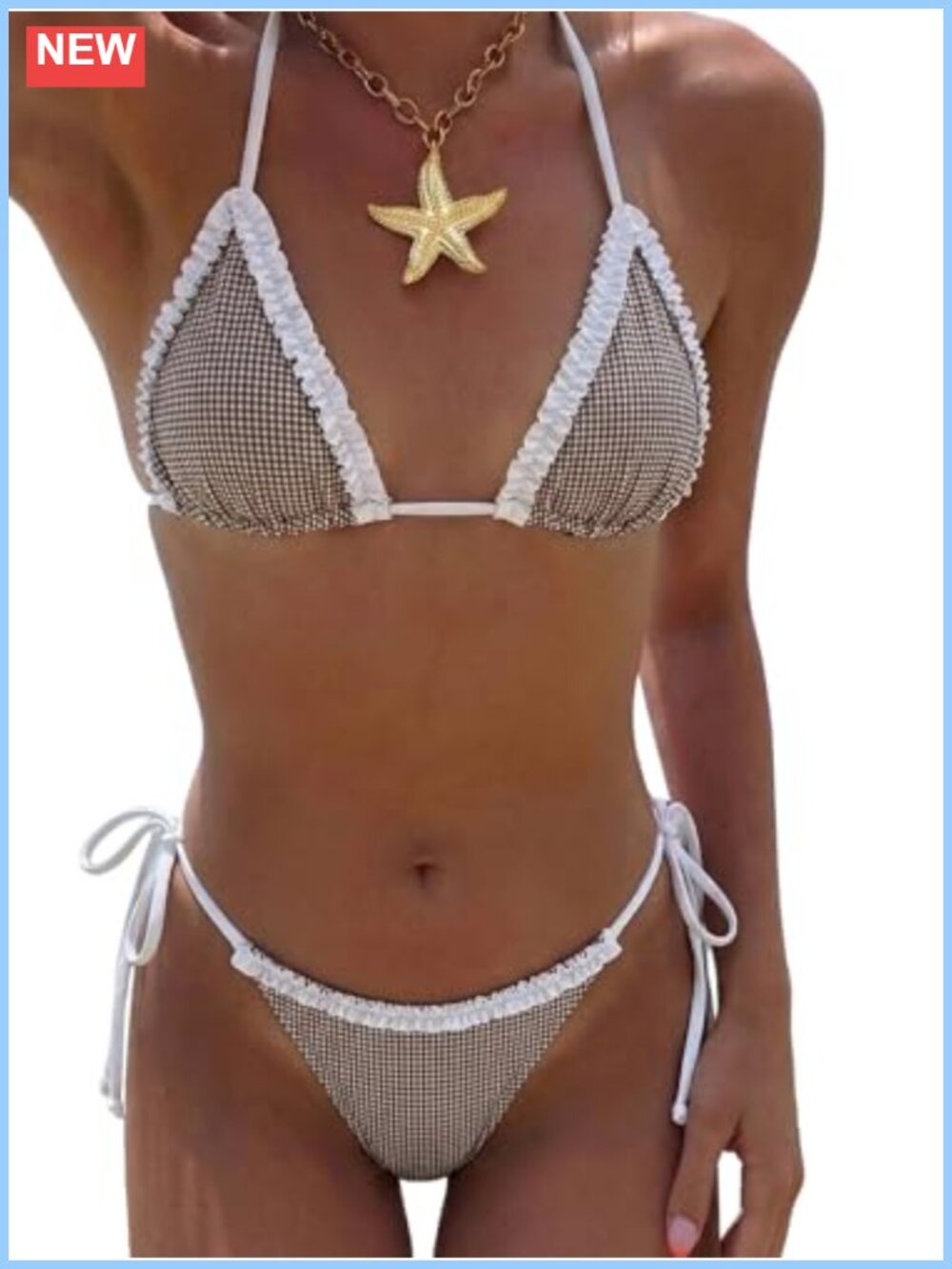 Two Piece String Bikini Set Ruffle Trim Tie Side Swimsuit